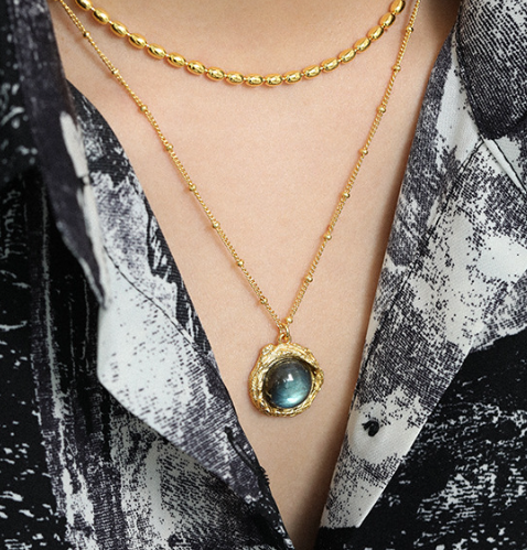 Gift Round Natural Anemousite White Crystal Irregular 925 Sterling Silver Necklace