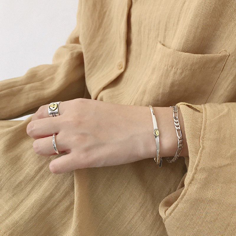 Simple Smile Face 925 Sterling Silver Open Promise Bangle