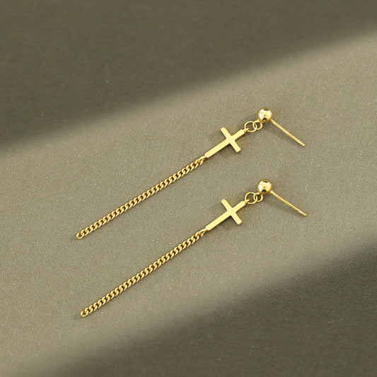 Elegant Cross Curb Chain 925 Sterling Silver Dangling Earrings