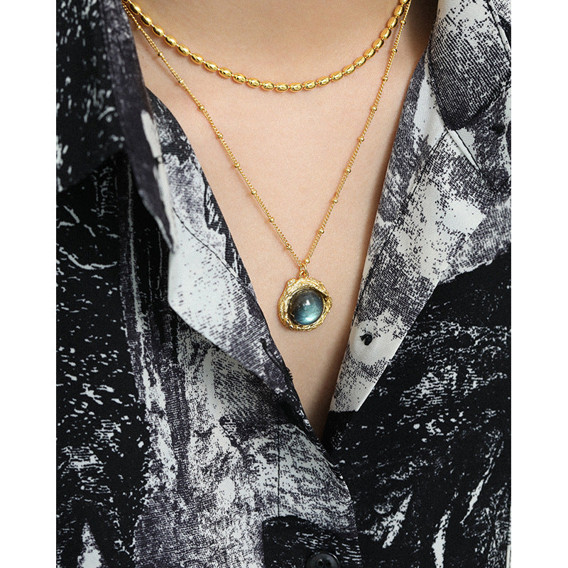 Gift Round Natural Anemousite White Crystal Irregular 925 Sterling Silver Necklace