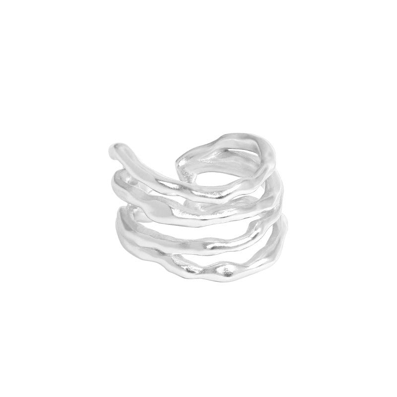 Classic Multi Layer Irregular Lines 925 Sterling Silver Adjustable Ring