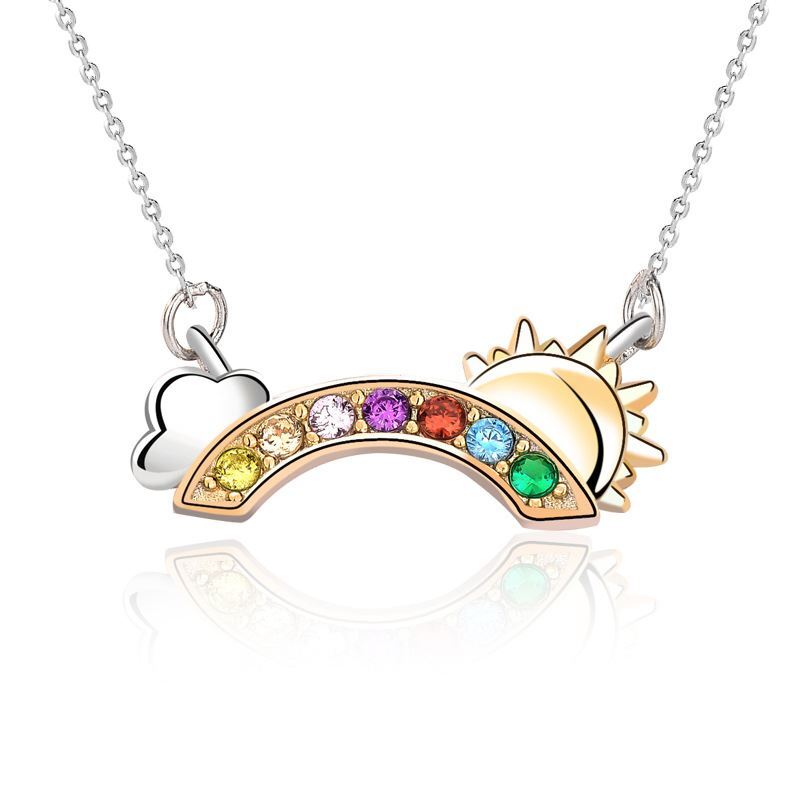 Colorful CZ Rainbow Cloud Sun Girl 925 Sterling Silver Necklace