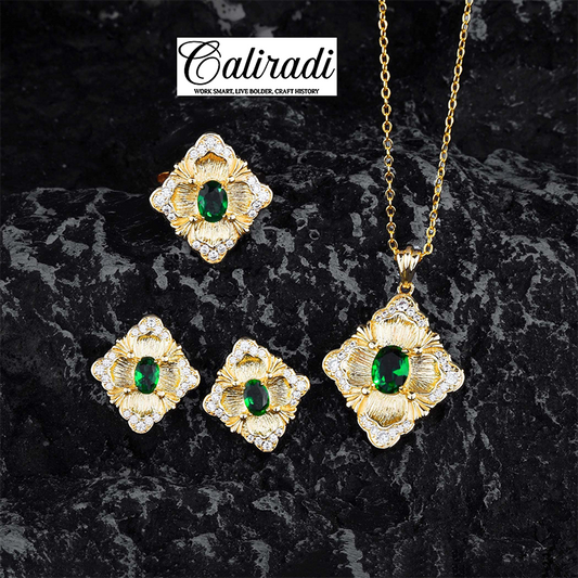 Caliradi Brati color ring vintage imitation Panjshir emerald pendant earrings bead set