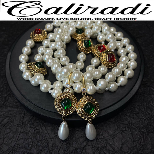 Caliradi medieval vintage temperament palace stone pearl earrings necklace atmospheric retro accessories set